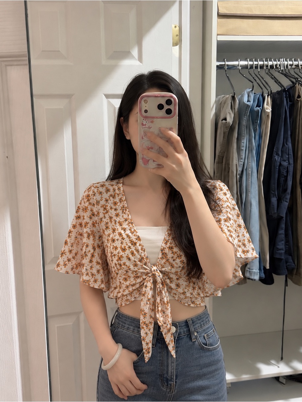 Brown Floral Tie-Front Crop Top with Flutter Sleeves